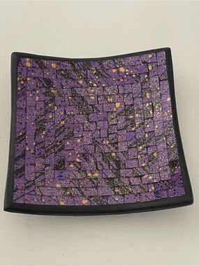 Mosaic Glass Dish Tray Purple and Gold Accents Jewelry Trinket, Key Holder Decor